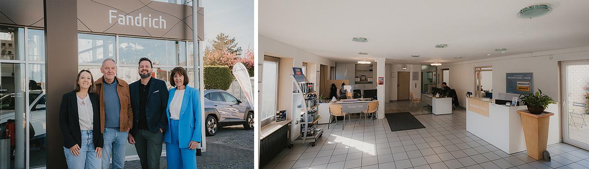 Zwei Bilder als Montage / freundlicher, heller Innenraum - Autohaus Fandrich und Teamfoto vor Eingangsbereich