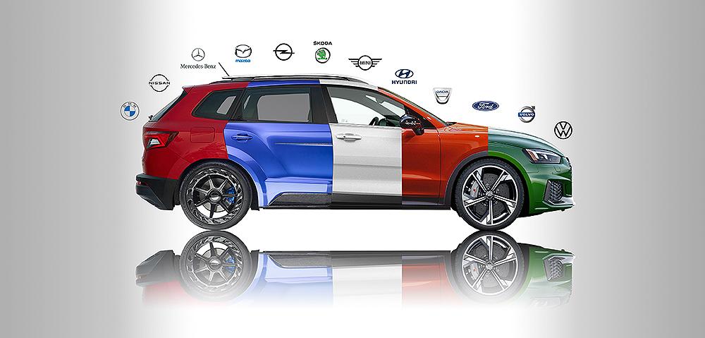 Ein aus 5 unterschiedlichen Fahrzeugen zusammengeschnittener bunter PKW in der Seitenansicht, im Hintergrund diverse Markenlogos um die Mehrmarkenkompetenz zu zeigen