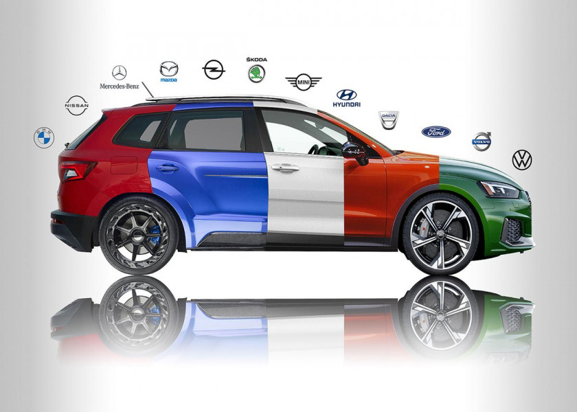 Ein aus 5 unterschiedlichen Fahrzeugen zusammengeschnittener PKW in der Seitenansicht, im Hintergrund diverse Markenlogos um die Mehrmarkenkompetenz zu zeigen