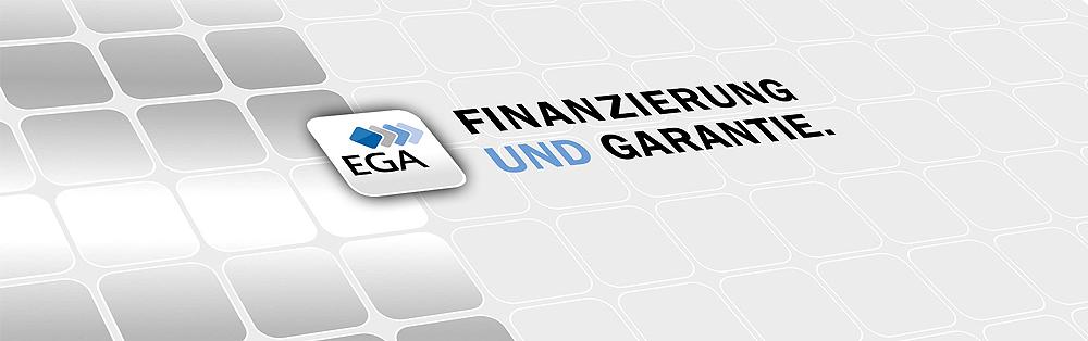 Perspektivisch verzerrte Grafik mit dem EGA-Logo sowie einem Schriftzug Finanzierung und Garantie