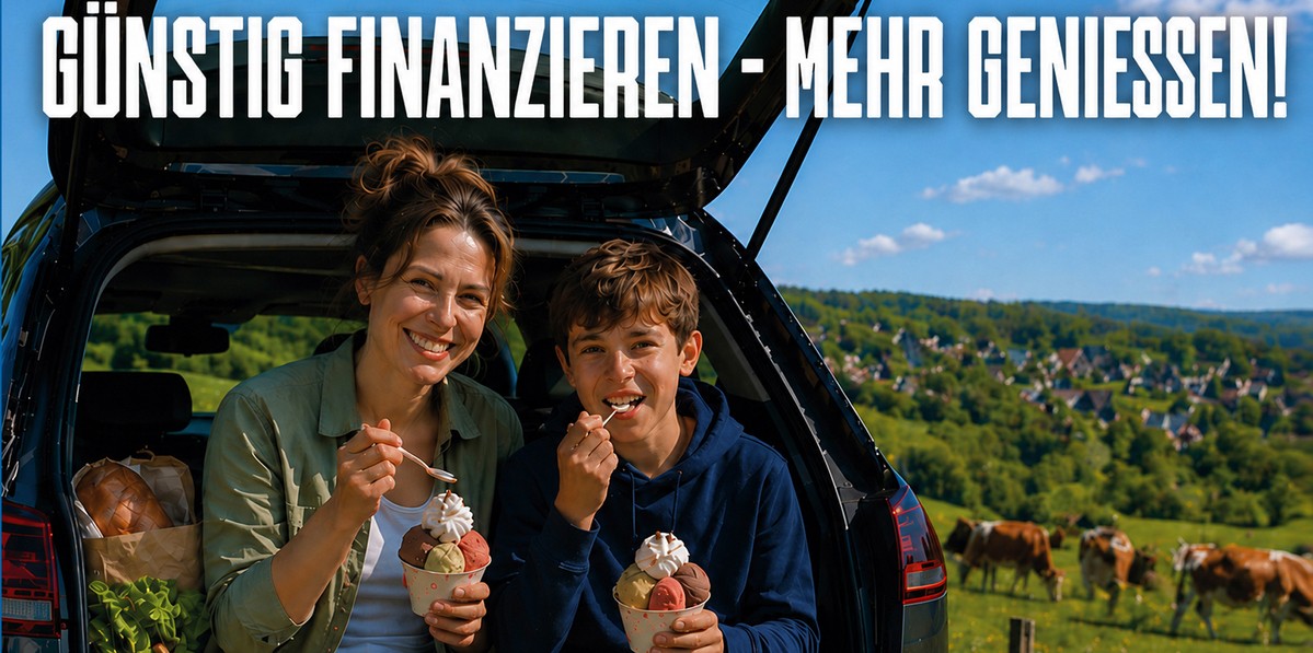 Mutter und Sohn essen Eis im offenen Kofferraum sitzend