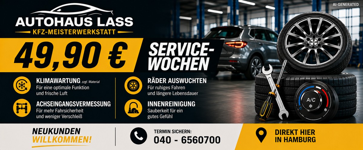 Servicewochen: Hier gibt es für 49,90 € Angebote wie Räder wuchten, 
Klimaservice zzgl.Material, Innenraumreinigung oder Achseingangsvermessung. Zu sehen ist ein Stapel Räder, ein Klimaanlagenregler, sowie Schraubendreher.„© KI-gen''