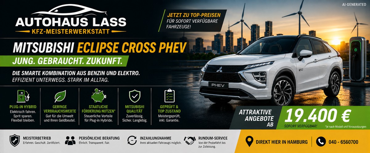 Ein Angebot über PHEV Hybrid Eclipse Cross Modelle der Marke Mitsubishi. Ein weißer Eclipse  Cross Wagen steht vor einer Stadt im Hintergrund. Eine Ladesäule und Windräder im Hintergrund verdeutlichen den Elektroantrieb. Preise ab 19.400 €. „© KI-generiert
