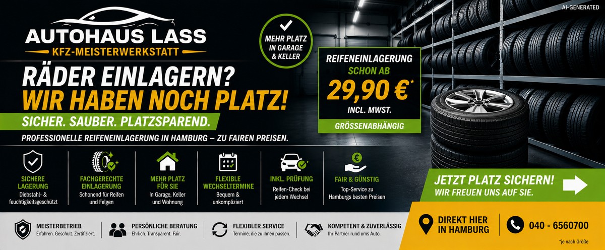 Reifenlager mit eingelagerten Reifen im Regal. Ein Satz Räder steht gestapelt davor. Angebot zum Einlagern von Kompletträdern ab 29,90€ in Textform.