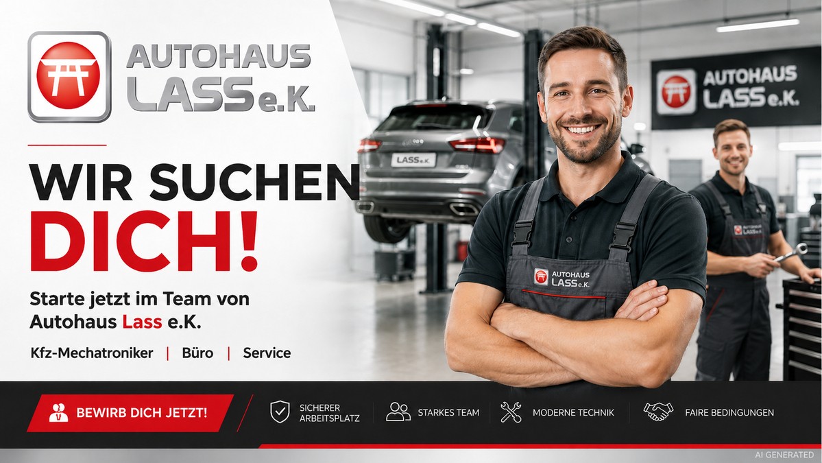 Jobsuchebild, Ein Mann steht in der Werkstatt und lächelt mit 
verschränkten Armen. Im Hintergrund ist ein Fahrzeug auf der Hebebühne. 
Als Textbaustein steht Wir suchen Dich! Starte jetzt im Team von 
Autohaus Lass e.K. „© KI-generiert“