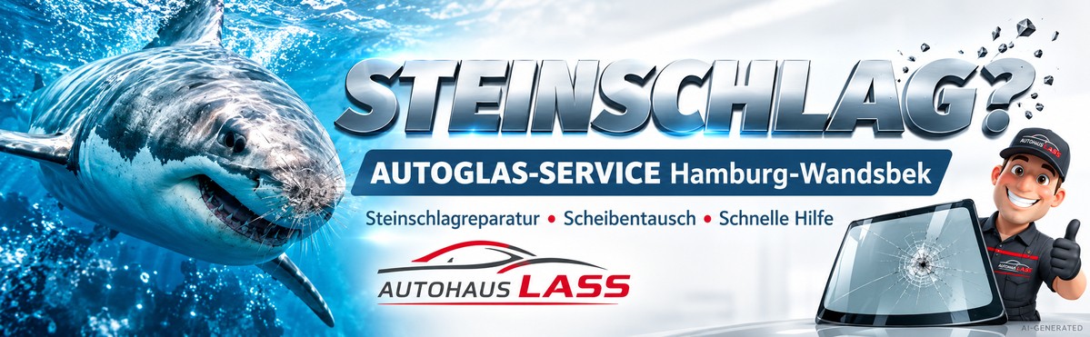 Haifisch von vorne mit Schriftzug "Steinschlag?" und "Autoglas-Service-Wandsbek" © KI-generiert