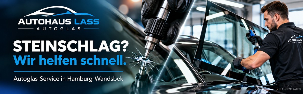 Schriftzug "Autoglas-Service", daneben 1 Bild welches Werkstattarbeiten symbolisiert. „© KI-generiert“